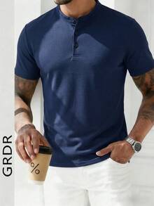 GRDR Men's Fashionable Solid Color Henley Neck Short Sleeve T-Shirt | Exquisite Design | Summer Essential | Easy To Match | Showcase Your Style - Navy Blue - View 3