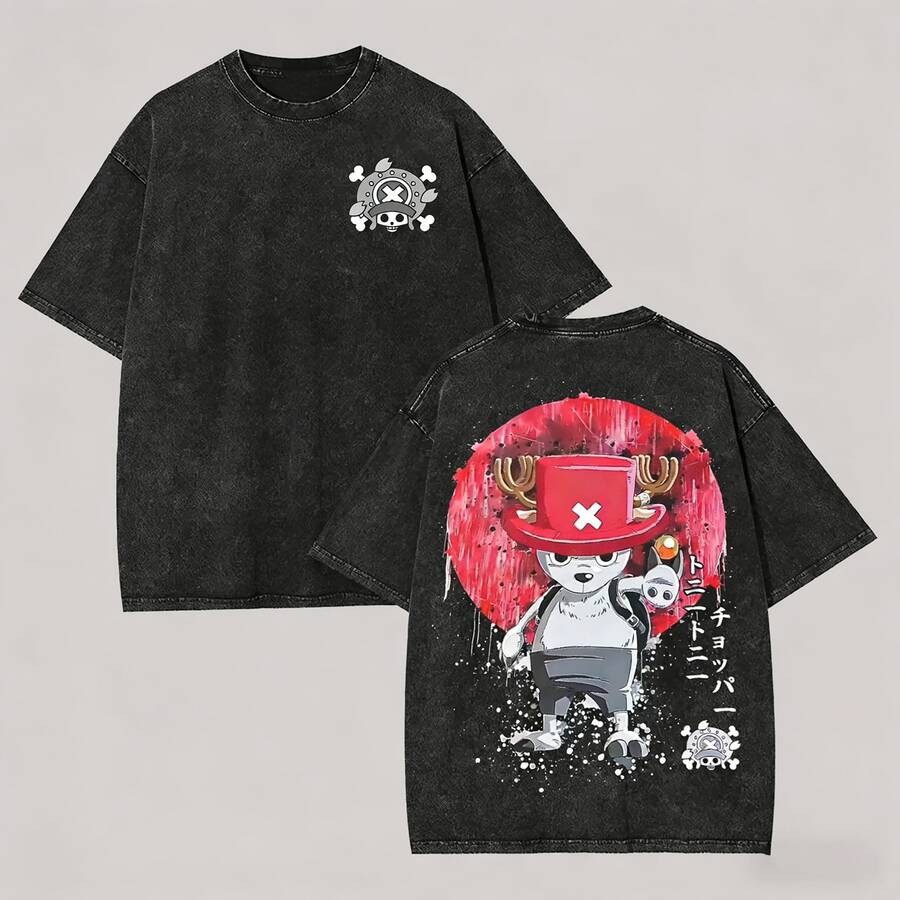 One Piece TonyTony Chopper Red Hat Red Circle Background Japanese Text Graphic Vintage Washed Oversized T-Shirt, Men's Anime Streetwear Short Sleeve Tee, Anime Shirts, Men's Vintage T Shirts,100 Percent Cotton Mens Clothes,Unisex Graphic T Shirt, Y2k Clothes, Anime Shirts, Men's Vintage T Shirts,Unisex Vintage Washed Oversized T-Shirt, Graphic T Shirt, Y2k Clothes - màu đen - Xem 1