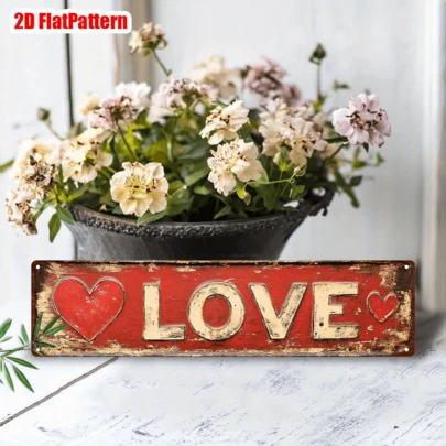 2D 复古 LOVE 金属标牌，1 件装，创意街头风格标牌，家居装饰，房间装饰，餐厅装饰，咖啡馆装饰，车库装饰，农舍风格，4 英寸 x 16 英寸