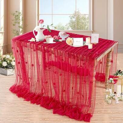 Red Pearl Tulle Tablecloth Red Flower Pearl Table Runner Sheer Gauze Fabric Wedding Lace Kitchen Linen For Arch Bridal Shower Veil Valentines Sweetheart Table Decorations