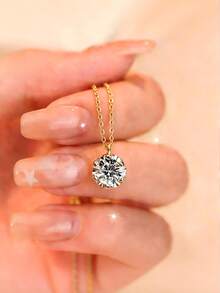 Stainless Steel Shiny Bling Necklace | Shiny Choker Necklace, Eternal Wedding Necklace, Inlaid Synthetic Cubic Zirconia, Suitable For Daily Wear, Banquet, Wedding, Luxury Jewelry Gift, Women Necklace, Mother's Day Gift - Six-prong Pendant Necklace - View 8