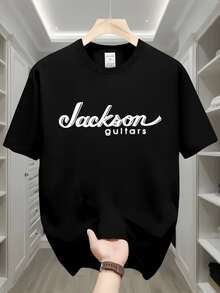 Men'S Casual Summer T-Shirt With "Jackson Guitars" Graphic Print, Black Short Sleeve Crew Neck Tee, Lightweight Polyester Blend For Casual Attire, Guitar T Shirt - Black - View 1