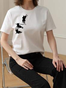 Women's Basic White Round Neck Short Sleeve T-Shirt, Sweet Girl Print, Knitted Fabric, Regular Length, Slightly Stretchy Casual - White - View 2