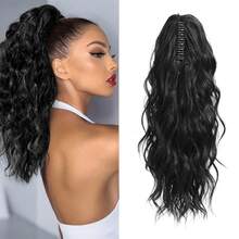 Aplique de Rabo de Cavalo Preto com Piranha, Extensão de Cabelo Cacheado Ondulado 18 Polegadas, Fibra Orgânica de Alta Qualidade Resistente ao Calor, Estilo Casual e Festa para Mulheres e Meninas. - Portanto - Visão 2