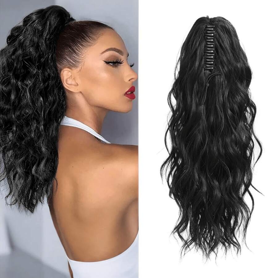 Aplique de Rabo de Cavalo Preto com Piranha, Extensão de Cabelo Cacheado Ondulado 18 Polegadas, Fibra Orgânica de Alta Qualidade Resistente ao Calor, Estilo Casual e Festa para Mulheres e Meninas.