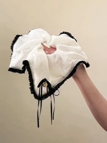 Chouchou en tissu à volants et nœud de style coréen, support de queue de cheval polyvalent et doux, élastique à cheveux - Noir et Blanc - Voir 1