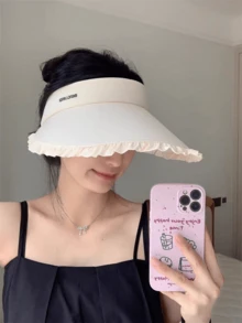 Sombrero de ala ancha de gasa con encaje estilo japonés dulce, protege contra el sol y los rayos UV, ayuda a que el rostro se vea talla grande pequeño, nuevo estilo de sombrero de sol para damas - Talla única para todos - Ver 1