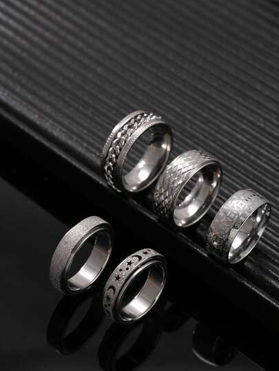 5pcs Fashionable Stainless Steel Silver Rings Set For Men, Includes Copper Coin, Matte, Star & Moon Embossed Elements, Suitable For Daily Wear And Holiday Accessories