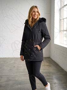 Parka Jacket Lined With Plush, Removable Hood, Pocket, And Adjustable Drawstrings. - 藏蓝色 - 查看 4