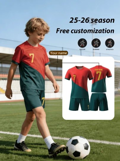 Customized 2-Piece Set, 2022 National Team #7 Kids Football/Soccer Jersey & Shorts Set - Quick Dry Breathable Polyester, Crew Neck Top And Shorts, Suitable For Boys Sports Training And Casual Wear, Back To School Sports Uniform, Sports Event, Outdoor Perfect Choice