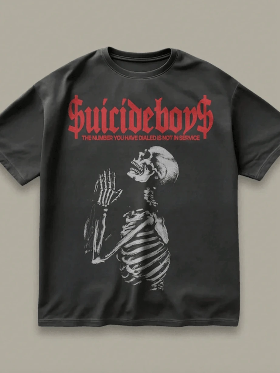 SUICIDEBOY SHIRT, Suicideboy, Casual Cotton Round Neck Short Sleeve T-Shirt For Women With Bold Skeleton Graphic Print And Regular Hem - 黑色 - 查看 1