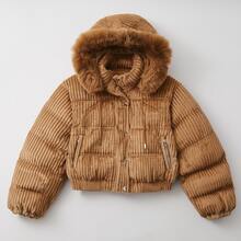 Women's Winter Puffer Jacket, Velvet, Corduroy - 駝色 - 查看 2