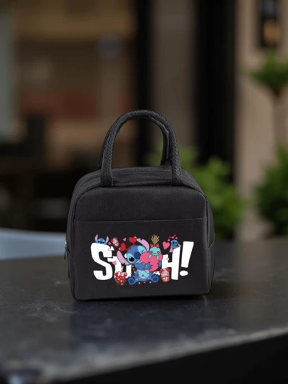 1个史迪奇和安琪儿卡通印花保温午餐包，轻便可重复使用，带铝箔内衬、前袋和耐用拉链，适合学校、办公室、旅行、野餐、食物储存，是返校必备品。