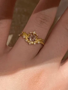 1 chiếc nhẫn hình trái tim có cánh đính đá Zirconia màu hồng dễ thương, kiểu dáng nữ tính. - Vàng - Xem 4