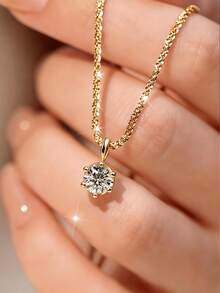 Stainless Steel Shiny Bling Necklace | Shiny Choker Necklace, Eternal Wedding Necklace, Inlaid Synthetic Cubic Zirconia, Suitable For Daily Wear, Banquet, Wedding, Luxury Jewelry Gift, Women Necklace, Mother's Day Gift - Six-prong Pendant Necklace - View 11