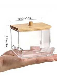 Plastic Swab Holder With Wooden Lid - 1pc, Freestanding, Lightweight, Durable | Bathroom & Makeup Organizer - Multicolor - View 2