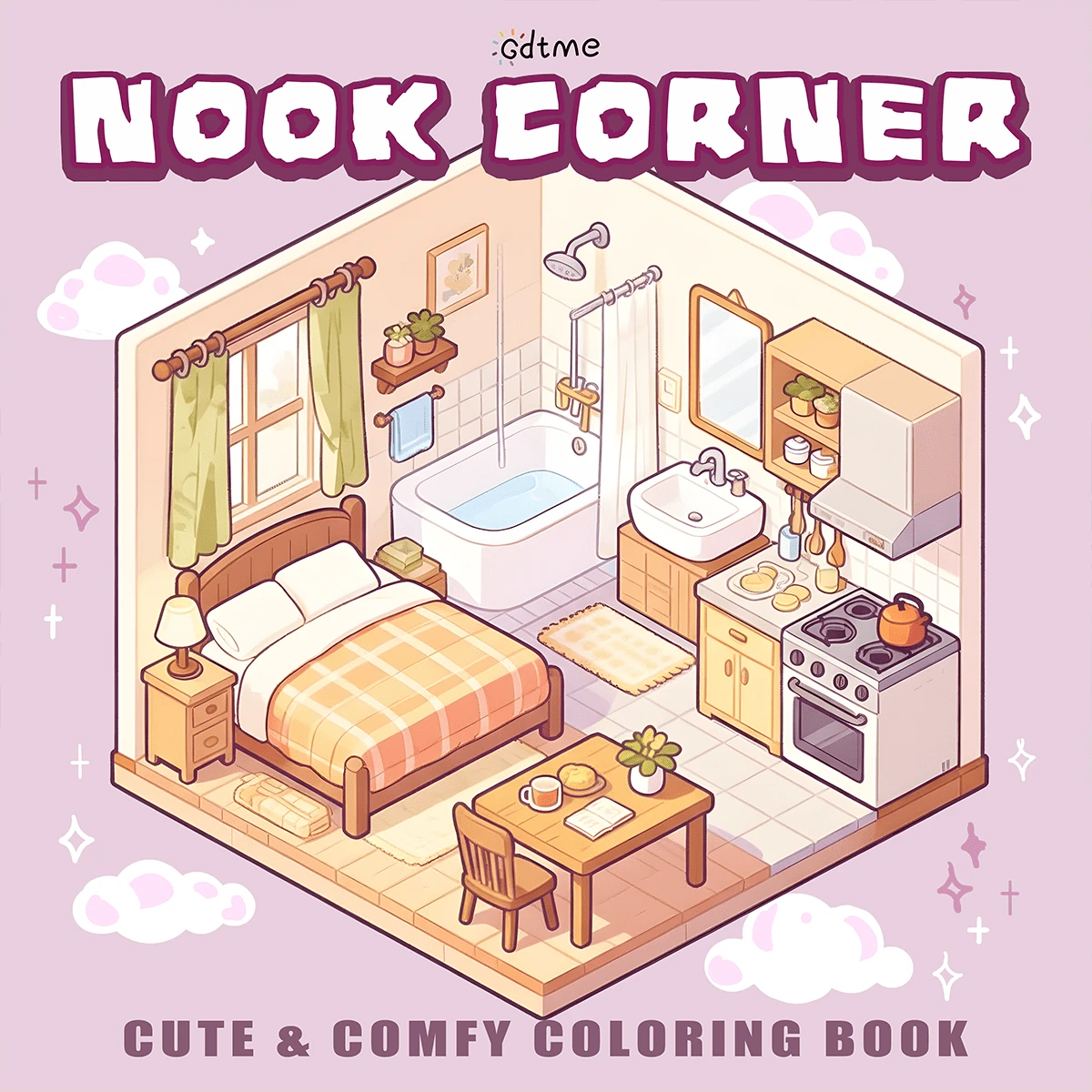 GDTME Livre de coloriage Nook : 24 adorables mini-conceptions d'appartements isométriques, 8x8 pouces, scènes de petits foyers et de cuisines confortables, pages de coloriage relaxantes et mignonnes pour la décoration de la maison, soulagement du stress pour adultes et passe-temps créatif, cadeau parfait pour la famille, les enfants et les meilleurs amis, avec un papier opaque et épais - JX-492 - Voir 1