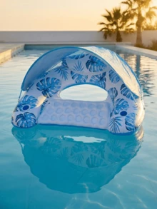 Inflatable Floating Lounger With Canopy, Leaf Print Floating Chair With Cup Holder, Foldable Thick PVC Pool Float, Durable And Waterproof, Ergonomic Design For Comfortable Lounging, Suitable For Pool, Beach And Vacation - Floating Rafts - View 2
