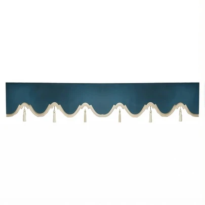 European Style Scalloped Window Valance, Navy Blue With Beige Trim & Tassels