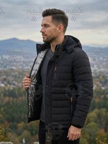 Men's Lined Thermal Jacket/Bobby Jacket, Nylon, With Removable Hood - Black - View 3