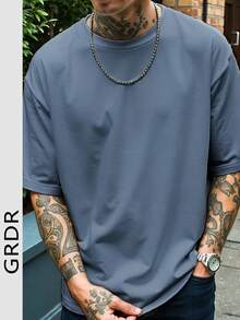 GRDR 男士休闲纯色圆领短袖T恤，适合日常休闲穿着 - 霧霾藍 - 查看 4