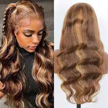 Honey Blonde Ombre Lace Front Wig Human Hair Highlight Body Wave Lace Front Wigs Human Hair Pre Plucked 200 Density Wig 5X5 13X4 HD Lace Frontal Wig For Women 4/27 Colored 28 Inch - S4/27 - 查看 3