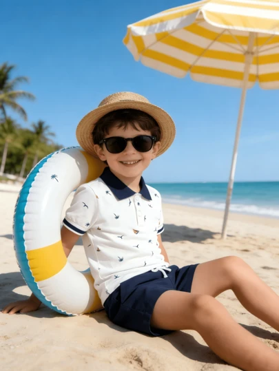 2pcs/Set Boys' Summer Outfit, Navy Style Polo Shirt With Sailboat, Palm Tree & Seagull Print Collar + Navy Drawstring Shorts, Casual Gentleman Style Kids Clothing Set