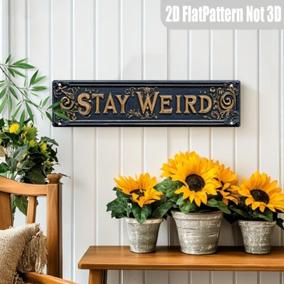 2D Flat - [Fantasy Style] "Stay Weird" Vintage Metal Sign - 4x16 Inches, Rustic Wall Decor With Ornate Typography And Floral Design, Perfect For Home, Bar, Cafe, Garage, Farmhouse - No Power Needed, Easy To Hang, Metal Wall Art Decor