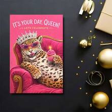 1Pc Cute Special Occasion Celebration Card Designed Specifically For Women, Featuring A Fun Leopard Print Pattern Of Wearing A Crown, Fashionable Glasses, And Holding A Cupcake, With A Pink Sofa As The Background, And A Birthday Card - 18*13cm - View 3