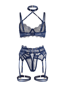 Bộ đồ lót ren lưới xuyên thấu màu xanh hải quân gợi cảm dành cho nữ, áo ngực có gọng kiểu yếm kèm dây nịt, bộ 3 món đồ ngủ quyến rũ. - Màu xanh hải quân - Xem 4