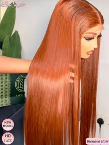 200% 密度 13x4 高清蕾丝前假发，真人前额发丝，预先拔毛，升级版耳到耳高清蕾丝前假发，真人混纺直发前额假发，#350 姜橙色 - S350 - 查看 2