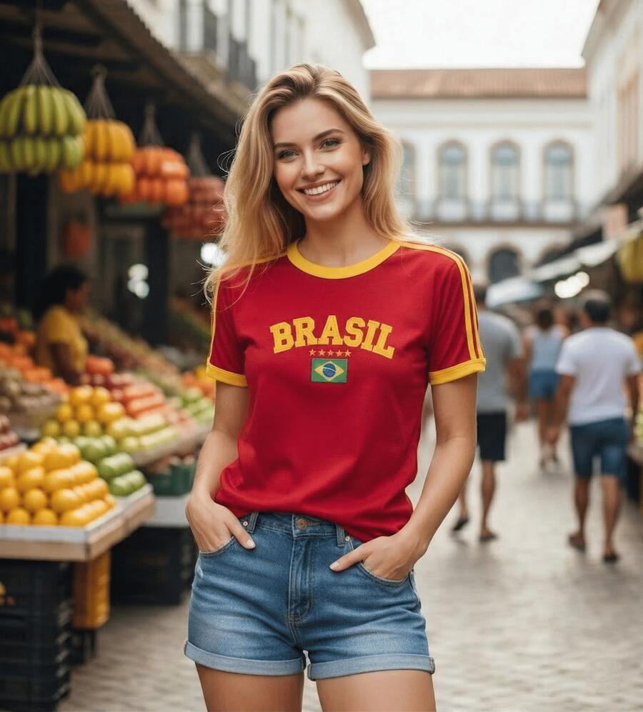Camisa Feminina Brasil Bordada Bandeira Estilo Y2K Retrô Vintage