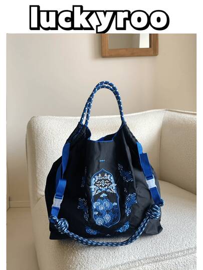Túi xách nữ mới với họa tiết thêu sứ xanh trắng kiểu Trung Quốc, chất liệu nylon, dung tích lớn, có thể gấp gọn, phù hợp cho mua sắm, dạo chơi, đi làm, dự tiệc thời trang, quà tặng bất ngờ.