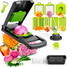 Bộ máy cắt rau củ đa năng 16 trong 1, được trang bị các dụng cụ cắt, thái lát, thái hạt lựu và ép đa chức năng. Đi kèm hộp đựng rau củ trong suốt, rổ lọc và tấm chắn bảo vệ tay, giúp tiết kiệm sức lao động và dễ dàng vệ sinh. - Nhiều màu - Xem 2
