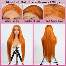#350 Cor Laranja Gengibre Densidade 200% 13*4 34 Polegadas Peruca Lace Front Reta Cabelo Virgem Brasileiro De Orelha a Orelha Pré-Arrancado HD Transparente Peruca Lace Frontal Reta Sem Cola Pré-Cortada Cabelo Humano Frontal Perucas Para Mulheres Usar e Ir Cabelo Misturado - S350 - Visão 3
