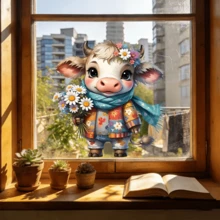 1片可爱高地牛静电窗膜，可移除乙烯基贴纸（可重复使用且防水），非常适合浴室、厨房、办公室和家居装饰，营造乡村农舍风格 - 多色 - 查看 9