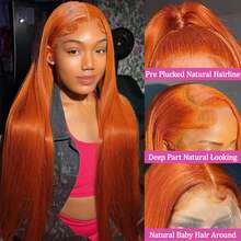 #350 Cor Laranja Gengibre Densidade 200% 13*4 34 Polegadas Peruca Lace Front Reta Cabelo Virgem Brasileiro De Orelha a Orelha Pré-Arrancado HD Transparente Peruca Lace Frontal Reta Sem Cola Pré-Cortada Cabelo Humano Frontal Perucas Para Mulheres Usar e Ir Cabelo Misturado - S350 - Visão 4