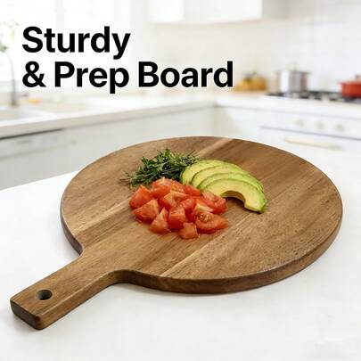 1pc Large Round Serving Platter, Food Tray, 16*12 Inch Acacia Wood Pizza Plate With Handle, Extra Large Wooden Cutting & Serving Board With Handle, Round Tray With Long Handle, Acacia Wood Cutting & Serving Board, Suitable For Kitchen, Cheese, Meat And Serving, Valentine's Day, Gathering