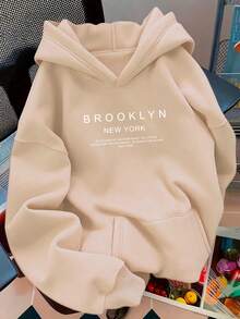Brooklyn New York Unisex Fleece Sweatshirt, Long Sleeve, Flannel Lined, With Pocket And Kangaroo Hood, Warm For Winter - 卡其色 - 查看 6