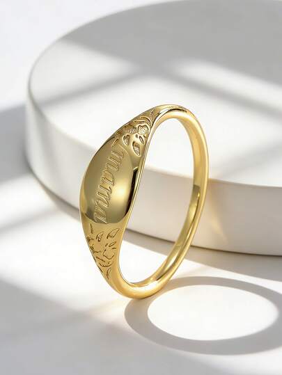 Charm-In Embossed Floral Mama Signet Ring | 18K Gold Plated Copper | Dainty Mother's Day Statement Ring For Women | Perfect For Gifting, Anniversary & Daily Wear