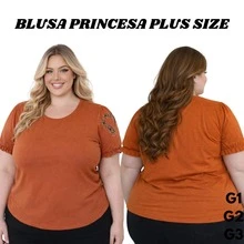T-Shirt/Blusa Plus Size Preto com Estampa Silk Floral na Manga Princesa - terracota - Visão 9