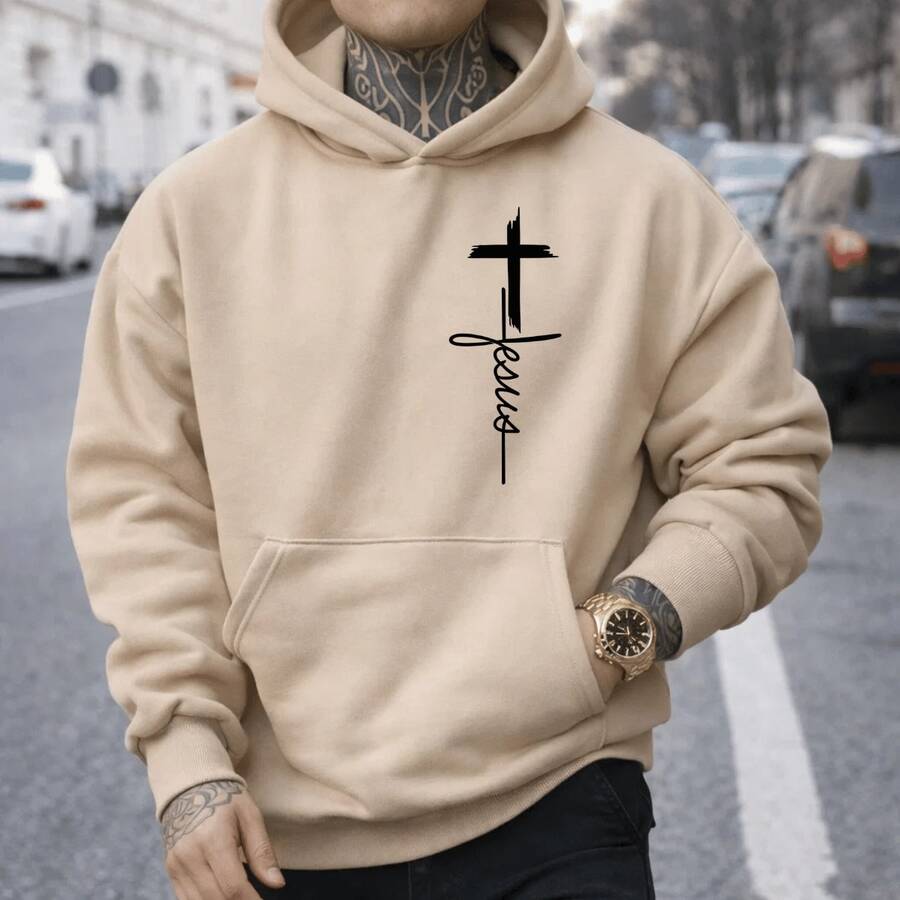 Moletom Masculino Canguru Capuz Bolso Estampado Cruz Jesus Cristão 100% Algodão Premium Flanelado Unissex Cordão Promoção Especial - Bege - Visão 1