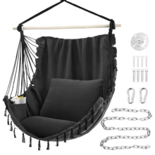OLIXIS Hammock Chair With 2 Cushions, Hanging Swing Chair With Heavy Duty Metal Bar, Indoor Outdoor Boho Hanging Chair For Bedroom, Patio, Balcony And Backyard - 黑色 - 查看 3