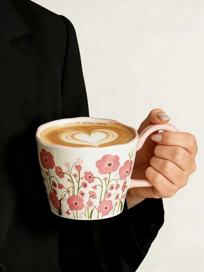 1 chiếc cốc sứ có tay cầm họa tiết hoa đẹp mắt, thìa sứ họa tiết hoa kiểu Pháp tinh tế, cốc sữa cà phê, cốc ăn sáng cao cấp dùng trong gia đình, cốc ăn yến mạch sữa chua, cốc nước dùng văn phòng, quà tặng xinh xắn, thích hợp cho gia đình, nhà hàng, quán cà phê, các buổi tụ họp.