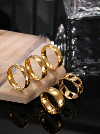 5pcs Stainless Steel Gold Color Ring Set For Men, Includes Twisted & Curved Elements, Suitable For Daily Wear, Festivals, Dates, Engagements, Weddings, Gift For Lover, Friend, Family
