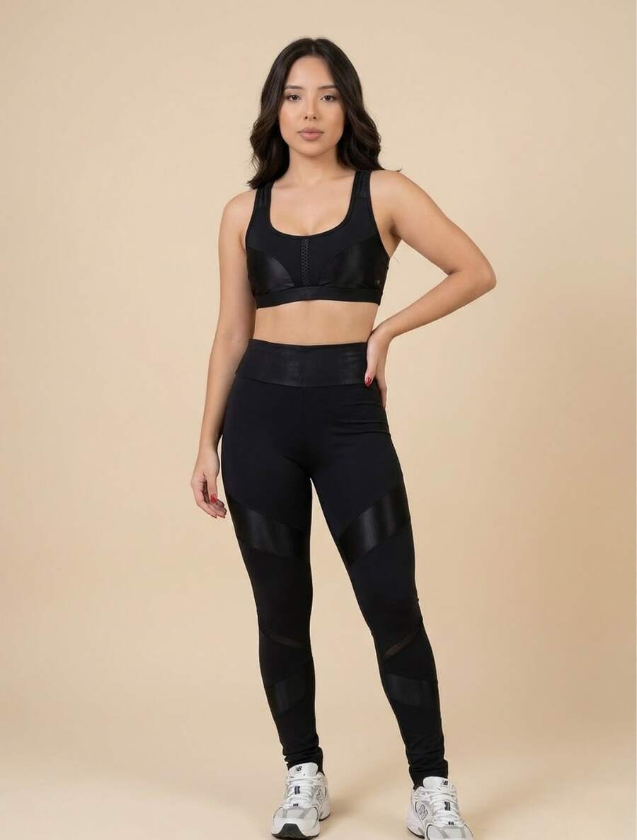 Women's Fitness Set Including Tank Top And High-Waisted Shaping Leggings. - Hitam - View 1