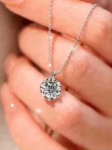 Stainless Steel Shiny Bling Necklace | Shiny Choker Necklace, Eternal Wedding Necklace, Inlaid Synthetic Cubic Zirconia, Suitable For Daily Wear, Banquet, Wedding, Luxury Jewelry Gift, Women Necklace, Mother's Day Gift - Six-prong Pendant Necklace - View 7