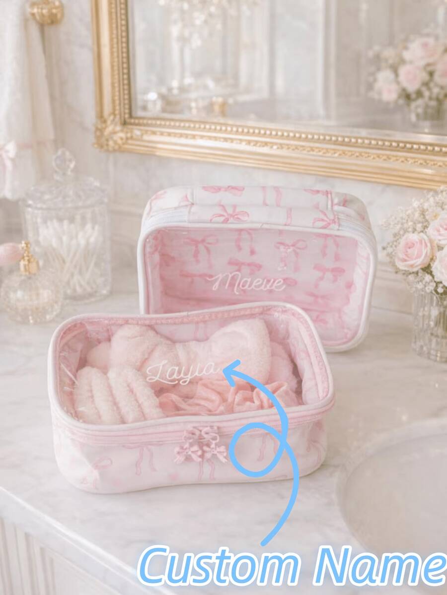 Túi đựng mỹ phẩm trong suốt in hình nơ cá nhân hóa, túi đựng đồ vệ sinh cá nhân thẩm mỹ in tên theo yêu cầu, túi đựng đồ du lịch ruy băng hồng dành cho trẻ em và mẹ, quà tặng kỷ niệm Ngày của Mẹ 2026.
