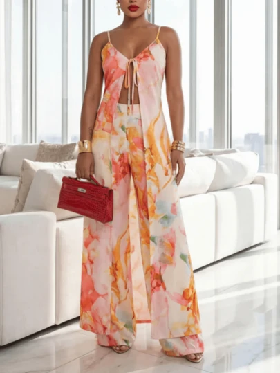 Women's Elegant Printed Camisole Backless Tie-Up Sexy Top & Wide Leg Pants Fashion 2-Piece Set, Summer
