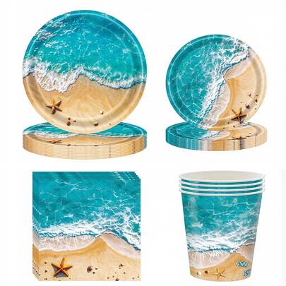 10件/20件/50件/80件装沙滩派对用品，海洋波浪生日派对餐具套装，夏季泳池派对装饰，海洋主题餐盘、餐巾纸、杯子，适合夏威夷主题生日装饰